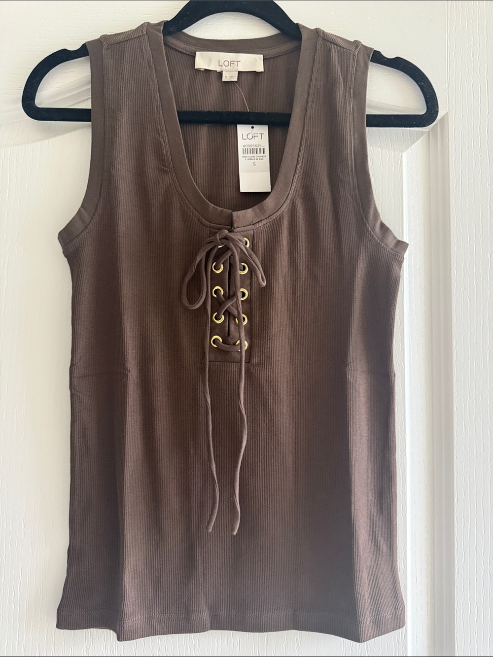 LOFT Brown Lace-Up Ribbed Tank Top